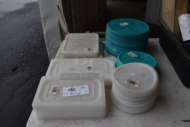 ALL ONE MONEY! Lot of Various Poly Lids; 9 1/4 Size Drop In Bin Lids, 6 1/3 Size Drop In Bin Lids, 6 Square, 17 Blue Poly Round Lids and 14 Round Lids.