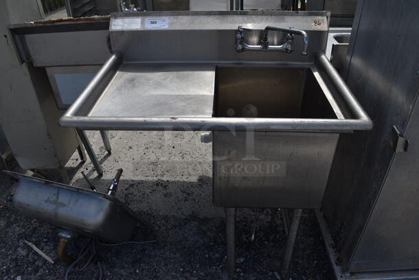 Stainless Steel Commercial Single Bay Sink w/ Left Side Drainboard, Faucet and Handles. 37x25x43. Bay 16x20x14. Drainboard 16x22x2