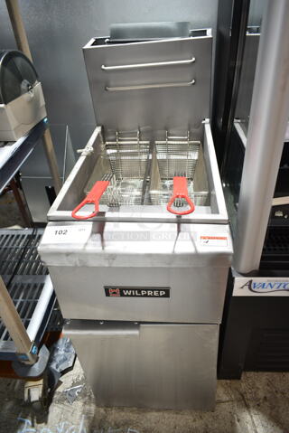 BRAND NEW SCRATCH AND DENT! Wilprep WP-F3-NG Stainless Steel Commercial Floor Style Natural Gas Powered Deep Fat Fryer w/ 2 Metal Fry Baskets. 90,000 BTU. 