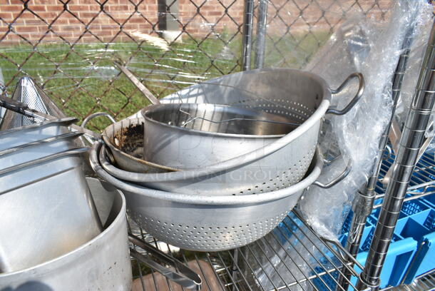 Chrome Finish 4 Tier Shelving Unit w/ Contents Including Stainless Steel Drop In Bins, Colander, Stock Pots. BUYER MUST DISMANTLE. PCI CANNOT DISMANTLE FOR SHIPPING. PLEASE CONSIDER FREIGHT CHARGES.  - Image 3 of 11