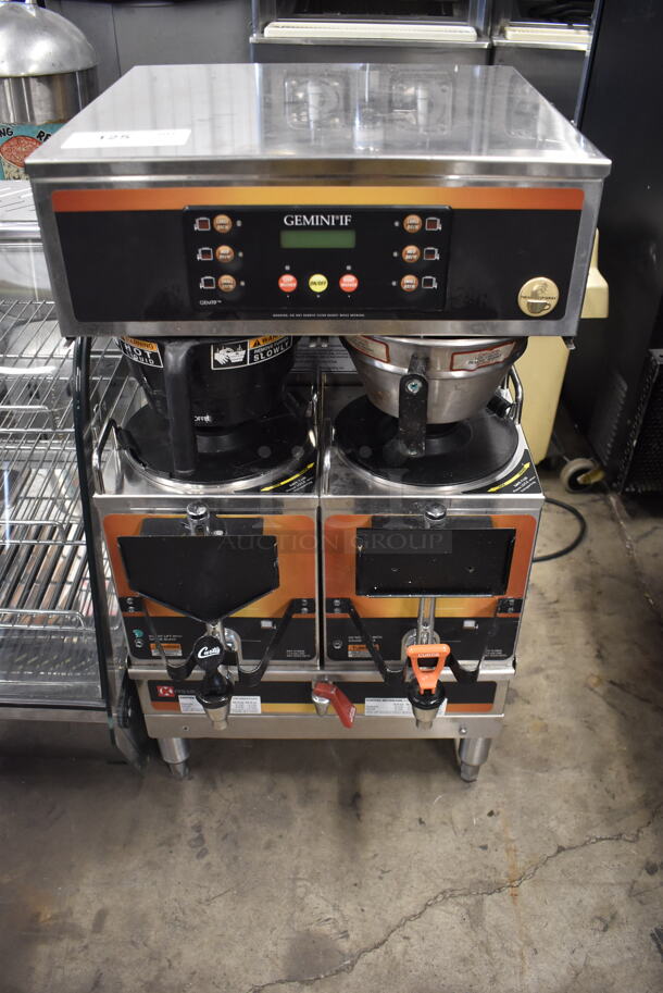 Curtis GEMTIF10A1015 Commercial Stainless Steel Twin Coffee Brewer With 2 Lower Warmers And Hot Water Faucet On Galvanized Legs. 220V, 1 Phase.  - Image 1 of 6