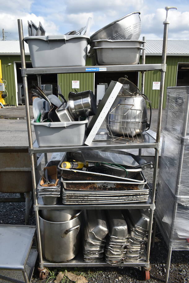 Metal 4 Tier Shelving Unit w/ Contents Including Stainless Steel Drop In Bins and Metal Baking Pans.  - Image 1 of 10