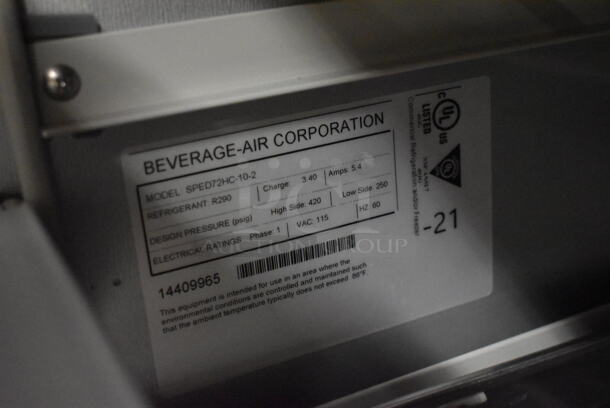 BRAND NEW SCRATCH AND DENT! Beverage Air SPED72HC-10-2 Stainless Steel Commercial Sandwich Salad Prep Table Bain Marie Mega Top w/ Poly Drop In Bins and Commercial Casters. 115 Volts, 1 Phase. Tested and Powers On But Does Not Get Cold - Image 6 of 11