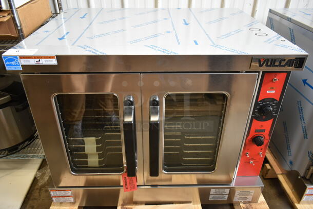 BRAND NEW SCRATCH AND DENT! Vulcan VC5ED ENERGY STAR Stainless Steel Commercial Electric Powered Full Size Convection Oven w/ View Through Doors, Metal Oven Racks and Thermostatic Controls. 240 Volts, 3/1 Phase. Tested and Working! - Image 1 of 6
