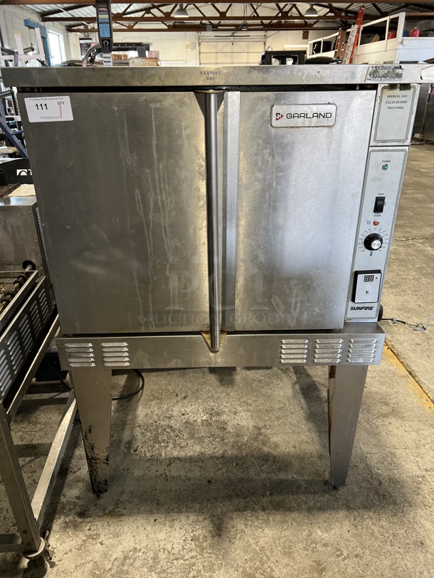 LATE MODEL! Garland SunFire Model SCO-GS-10S Stainless Steel Commercial Natural Gas Powered Full Size Convection Oven w/ Solid Doors and Thermostatic Controls on Metal Legs. 53,000 BTU. 38x42x57.5