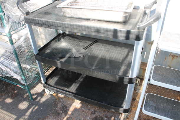 Black Poly 3 Tier Cart w/ Push Handles on Commercial Casters.