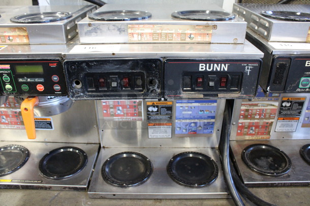 Bunn Stainless Steel Commercial Countertop 4 Burner Coffee Machine. Appears To Be Model AXIOM 2/2 TWIN. 120/208-240 Volts, 1 Phase. 16x18x19