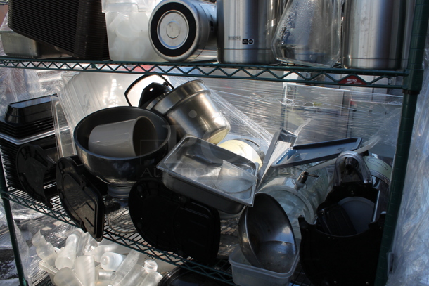 Metro Green Metal 4 Tier Wire Shelving Unit w/ Contents Including Air Pots and Urns. BUYER MUST DISMANTLE. PCI CANNOT DISMANTLE FOR SHIPPING. PLEASE CONSIDER FREIGHT CHARGES. - Image 3 of 6