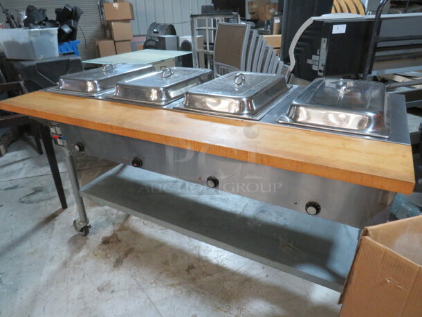 One Eagle 4 Well Steam Table With Under Shelf, Butcher Block Rail, And 4 Lids, On Casters. Model# DHT4-240. 240 Volt. 1 Phase. 3000 Watt. 64X31X38.5 - Image 3 of 3