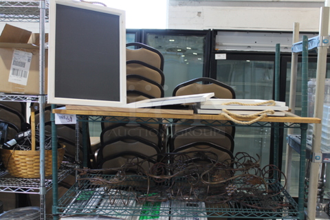 ALL ONE MONEY! Two Tier Lot of Various Items Including Metal Decorations and Black Board Signs