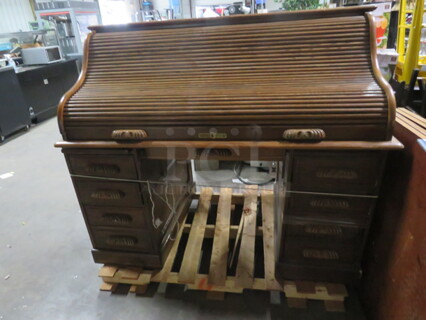 One Beautiful Solid Oak Roll Top Desk With 9 Drawers. 36X61X51. Small Crack. See Pics.