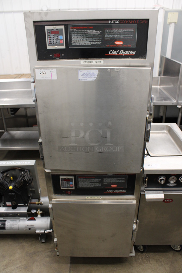 Hatco Model CSC-5-2 Stainless Steel Commercial 2 Half Size Door Reach In Warming Holding Cabinet on Commercial Casters. 120 Volts, 1 Phase. 24x34x73. Tested and Top Oven Is Working But Bottom Oven Does Not Power On