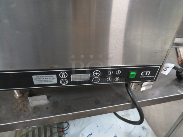 One CTI Lincoln Impinger Conveyor Pizza Oven On A Stainless Steel Table With SS Under Shelf On Casters. Model# 2502HB3U0701620. 240 Volt 1 Phase. Oven 50X32X18. Table 42X26X29. - Image 6 of 7