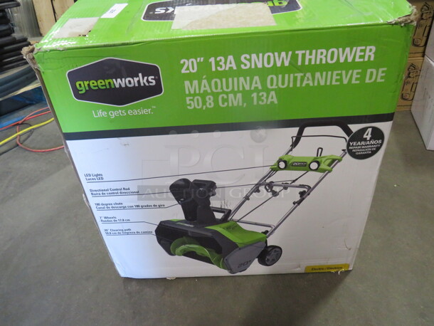 One NEW Greenworks 20 Inch 13A Snow Thrower.