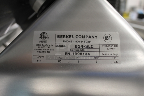 BRAND NEW SCRATCH AND DENT!  2022 Berkel B14-SLC Commercial Stainless Steel Electric Countertop Meat/Cheese Slicer On Rubber Feet. 115V, 1 Phase. Tested and Working! - Image 8 of 10