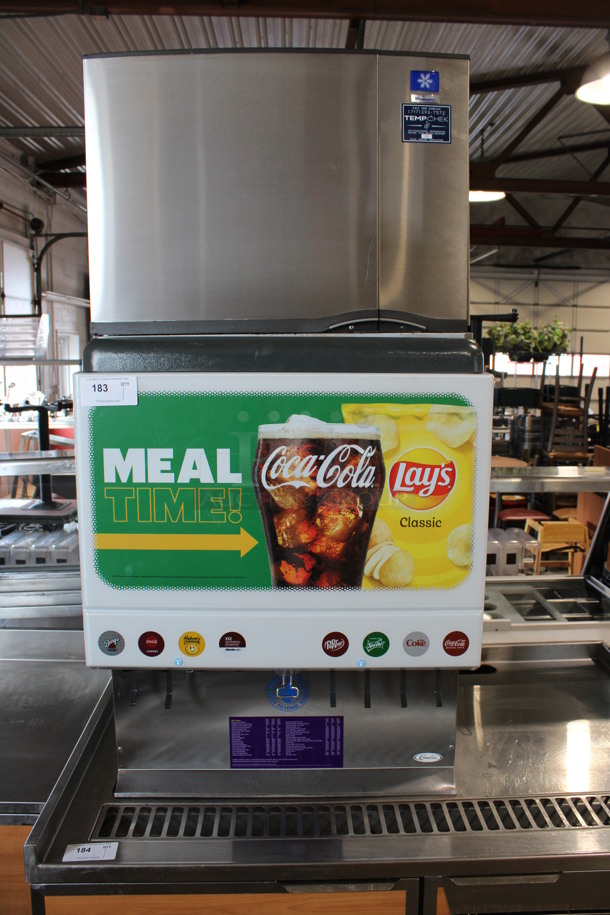 Manitowoc Model SY0454A Stainless Steel Commercial Air Cooled Ice Machine Head on Cornelius Model ED250-BCZ Stainless Steel Commercial 8 Flavor Carbonated Beverage Machine. 115 Volts, 1 Phase. 30x32x61  - Image 1 of 7