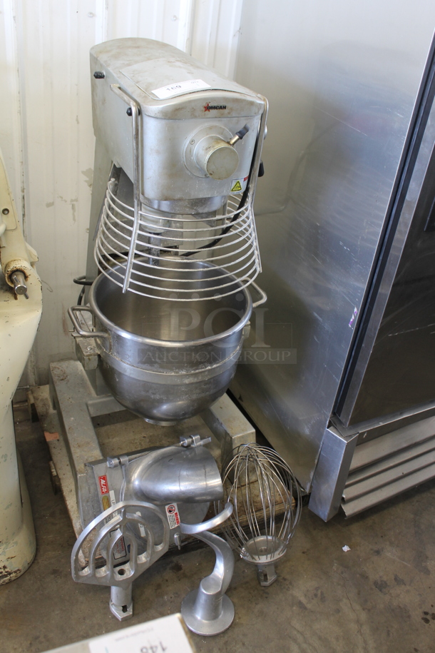 2020 Omcan SP300A Metal Commercial Floor Style Planetary Dough Mixer w/ Mixing Bowl, Bowl Guard, Pelican Head, Whisk, Paddle and Dough Hook Attachments. 110 Volts, 1 Phase. Cannot Test - Unit Needs New Plug - Image 2 of 10