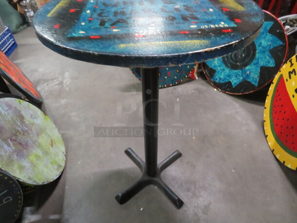 One 30X30X342 Abstract Round Painted  Table Top On A Bar Height Pedestal Base. Bukka White Charlie Patton. - Image 2 of 2