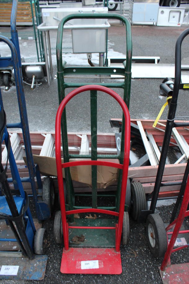 2 Metal Furniture Dollies; Red and Green. 18x15x39, 19x18x51. 2 Times Your Bid!