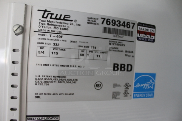 2013 True T-49F ENERGY STAR Stainless Steel Commercial 2 Door Reach In Freezer w/ Poly Coated Racks on Commercial Casters. 115 Volts, 1 Phase. Tested and Working! - Image 6 of 8