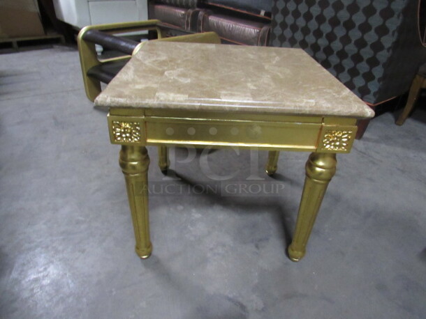 One Wooden Side Table Painted Gold With A Marble Look Top. VERY HEAVY! 26X26X24