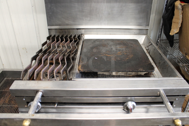 Stainless Steel Commercial Countertop Natural Gas Powered 2 Burner Charbroiler Grill and Flat Top Griddle Station w/ 2 Tier Over Shelf on Commercial Casters. - Image 5 of 11