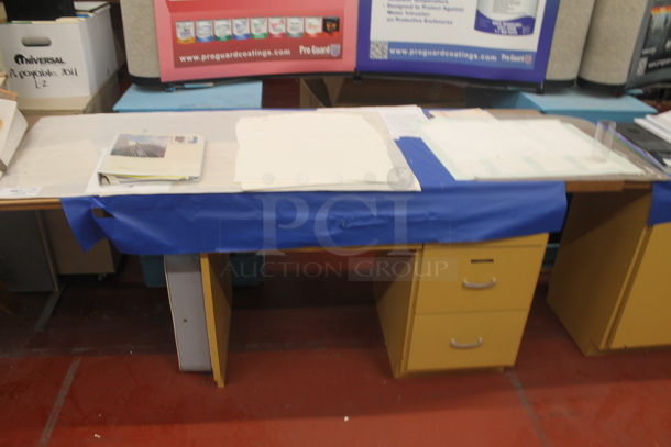 Yellow 3 Drawer Desk w/ Contents including White Poly Box Fan. - Image 1 of 5