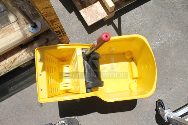 Rubbermaid Yellow Poly Mop Bucket w/ Wringing Attachment on Commercial Casters. - Image 4 of 5