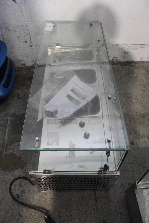 BRAND NEW SCRATCH AND DENT! KoolMore SCDC-3P-SSL Stainless Steel Commercial Countertop Refrigerated Rail w/ 3 Drop In Bins and Glass Sneeze Guard. 115 Volts, 1 Phase. Tested and Working!
 - Image 11 of 12