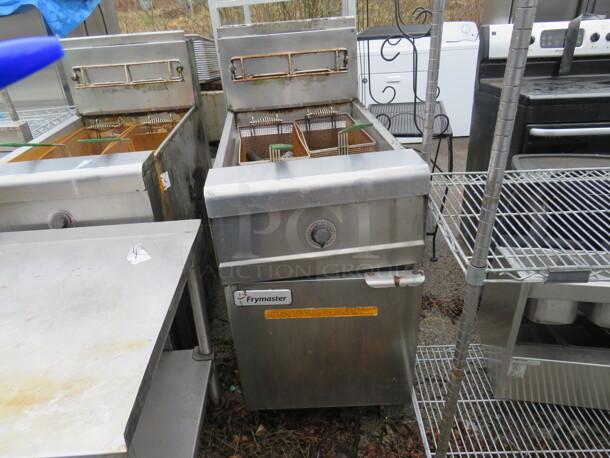 One SS Frymaster Natural Gas 60-80lb Floor Fryer With 2 Baskets. Model# MJCFSE. 21X40X48.5. $5499.00. Working When Removed. 