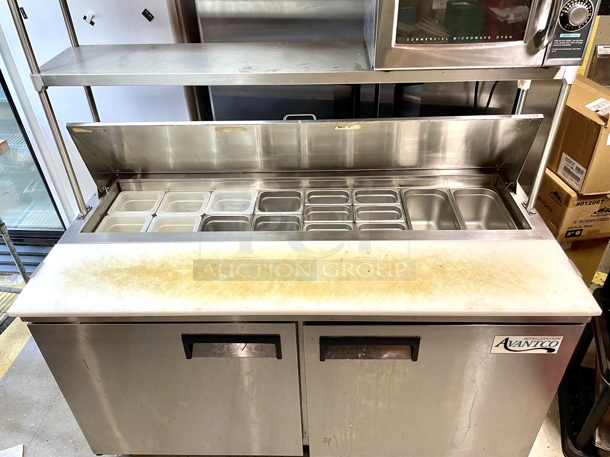 LOCKED, STOCKED & LOADED! Avantco 178APT60 60" 2 Door Refrigerated Sandwich Prep Table With Removable and Adjustable (2) Level Over-Shelf and: (8) 1/6 Pans, (6) 1/9 Pans and (2) 1/3 Pans,. 60 x 31 x 42 3/8.Height With Overshelf 74-3/8"  **Microwave Not Included** - Image 2 of 5