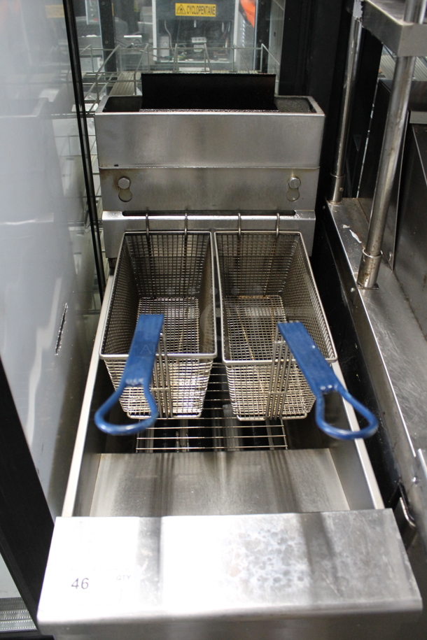 2019 Pitco Frialator VF35 Stainless Steel Commercial Floor Style Natural Gas Powered Deep Fat Fryer w/ 2 Metal Fry Baskets on Commercial Casters. 70,000 BTU.  - Image 2 of 5