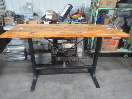 One Wooden Table Top, With An Umbrella Hole,  On A Bar Height Black Industrial Base. 72X28X42