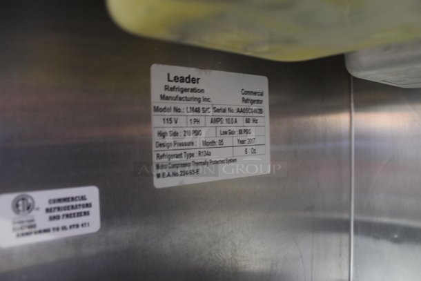 2017 Leader LM48 S/C Stainless Steel Commercial Sandwich Salad Prep Table Bain Marie Mega Top w/ 2 Tier Over Shelf on Commercial Casters. 115 Volts, 1 Phase. Tested and Powers On But Does Not Get Cold - Image 5 of 5