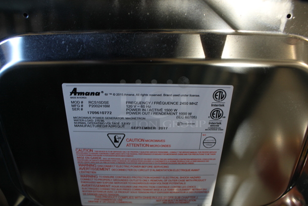 2017 Amana RCS10DSE Stainless Steel Commercial Countertop Microwave Oven. 120 Volts, 1 Phase.  - Image 4 of 4