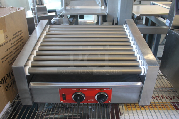 BRAND NEW SCRATCH AND DENT!  Avantco 177RG1830SLT Commercial Stainless Steel Electric Countertop 11 Roller Hot Dog Grill With User Manual. 120V. Tested And Working! 