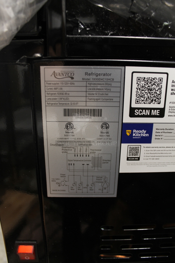 BRAND NEW SCRATCH AND DENT! Avantco 193GD4C15HCB Metal Commercial Single Door Reach In Cooler Merchandiser. 110-120 Volts, 1 Phase. Tested and Powers On But Does Not Get Cold  - Image 6 of 6