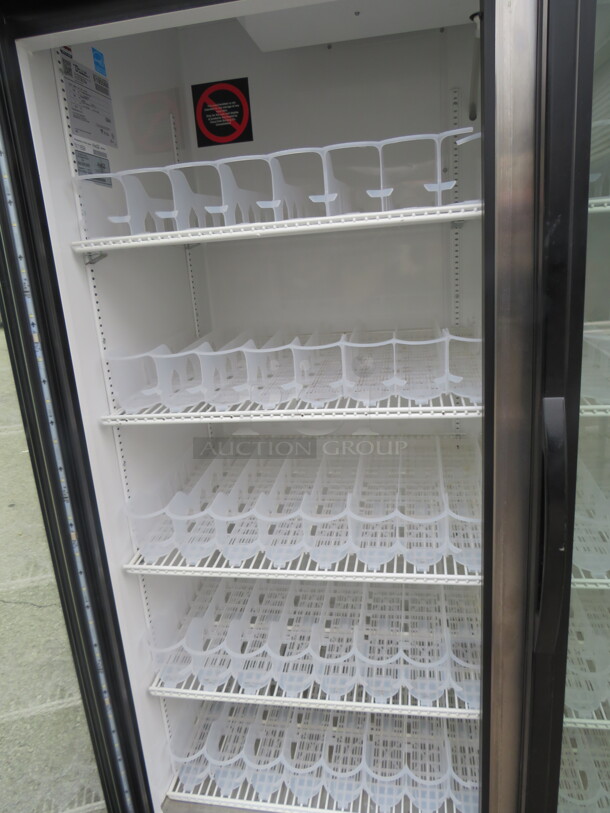 One WORKING True 2 Door Refrigerated Glass Display Merchandiser With 10 Racks And Soda Racking. Model# GDM-49-HC-TSL01. 115 Volt. 54X29.5X79.5 - Image 2 of 4