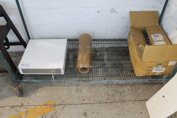 ALL ONE MONEY! Tier Lot of Various Items Including Metal Cash Drawer and Plastic Wrap - Image 1 of 1