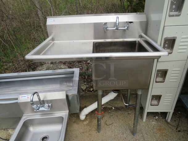 One Omcan Stainless Steel 1 Well Sink With Faucet And L Drain Board And Back Splash. #43760. 38X23.5X45 - Image 1 of 1