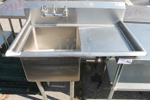 Stainless Steel Commercial Single Bay Sink w/ Right Side Drain Board, Faucet and Handles.