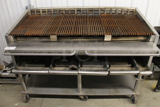 MagiKitch'n Stainless Steel Commercial Natural Gas Powered Charbroiler Grill w/ Under Shelf on Commercial Casters.