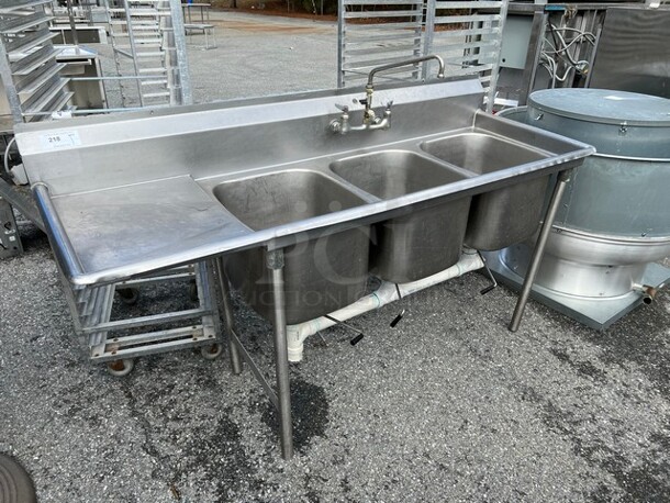 Stainless Steel Commercial 3 Bay Sink w/ Left Side Drainboard, Faucet and Handles. 72x26x44. Bays 1619x13. Drainboard 16x23x2 - Image 2 of 5