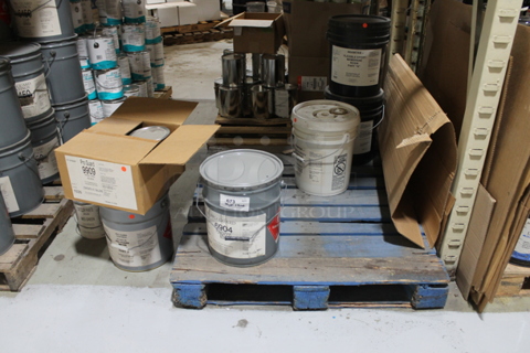 ALL ONE MONEY! TWO PALLET LOT of Various Items Including Flexible Epoxy Membrane Resin Part A and Pro Guard Pool Pro Black BUYER MUST REMOVE.