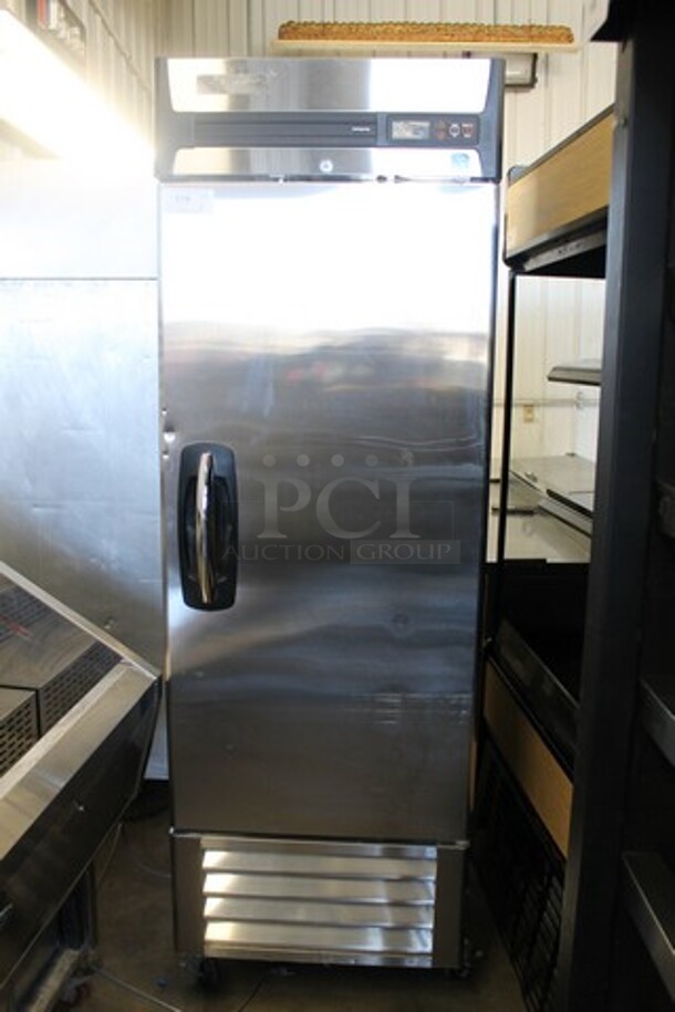 Master-Bilt R23-S Stainless Steel Commercial Single Door Reach In Cooler w/ Poly Coated Racks on Commercial Casters. 115 Volts, 1 Phase. Tested and Powers On But Does Not Get Cold