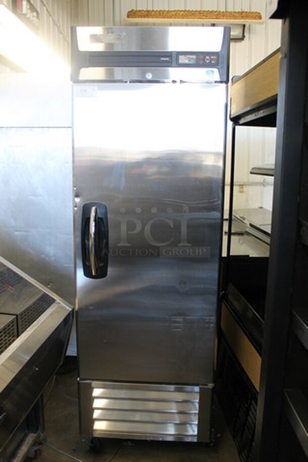 Master-Bilt R23-S Stainless Steel Commercial Single Door Reach In Cooler w/ Poly Coated Racks on Commercial Casters. 115 Volts, 1 Phase. Tested and Powers On But Does Not Get Cold - Image 1 of 5