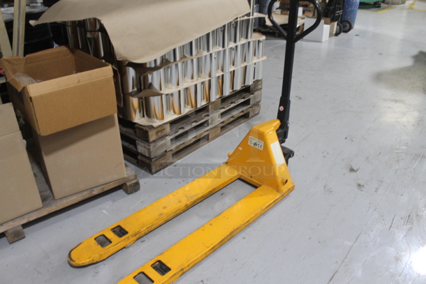 Uline H-1193 Metal Yellow Narrow Fork Pallet Jack Pallet Truck.  - Image 2 of 5