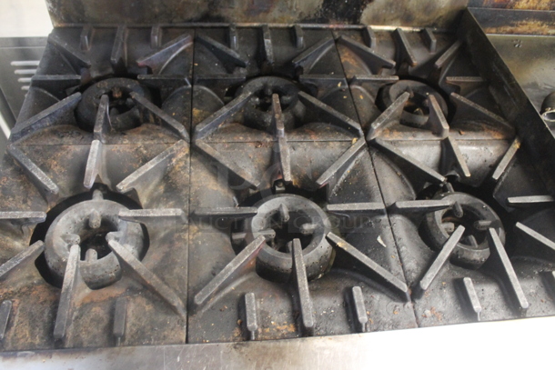 Garland SunFire Stainless Steel Commercial Natural Gas Powered 6 Burner Range w/ Right Side Flat Top Griddle, 2 Ovens, Over Shelf and Back Splash. - Image 2 of 6