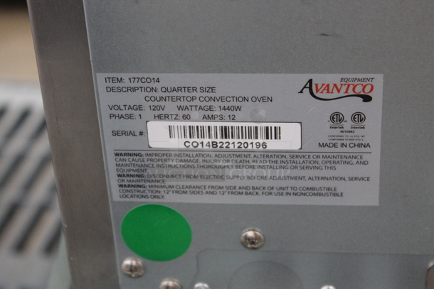 BRAND NEW SCRATCH AND DENT! Avantco 177CO14 Stainless Steel Commercial Countertop Electric Powered Quarter Size Convection Oven. 120 Volts, 1 Phase. Tested and Working! - Image 5 of 5