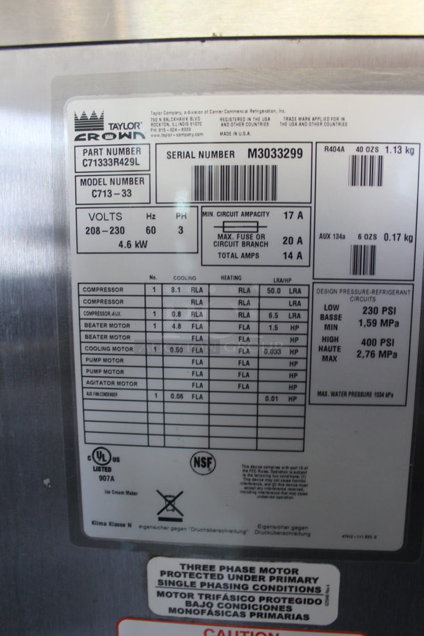 2013 Taylor C723-33 Stainless Steel Commercial Water Cooled Floor Style 2 Flavor w/ Twist Soft Serve Ice Cream Machine on Commercial Casters. 208-230 Volts, 3 Phase. - Image 10 of 11